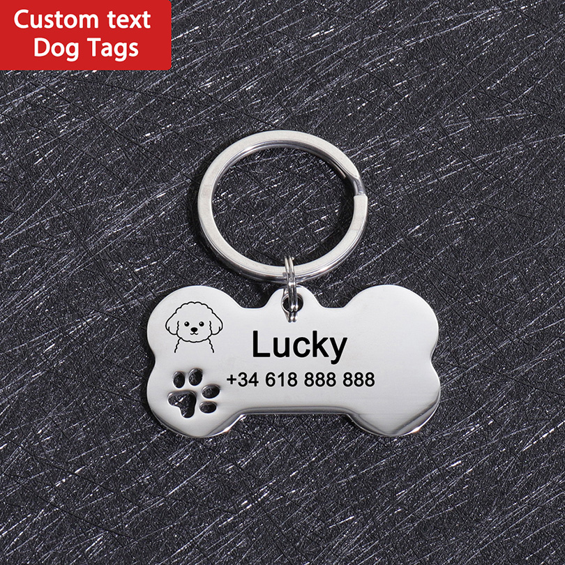 Pet Portrait Custom - カスタムネームドッグタグ 名入れテキスト入り犬用IDタグ 骨型ステンレス鋼レーザー彫刻 紛失防止 カスタマイズペットIDタグ