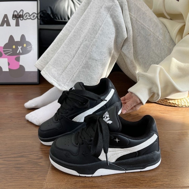 Vans Shoes Old Skool - 女性用ブラックホワイトレザースケートボードシューズレースアップカジュアルストリートウェアスニーカー通気性ノンスリッププラットフォームスポーツシューズトレンド
